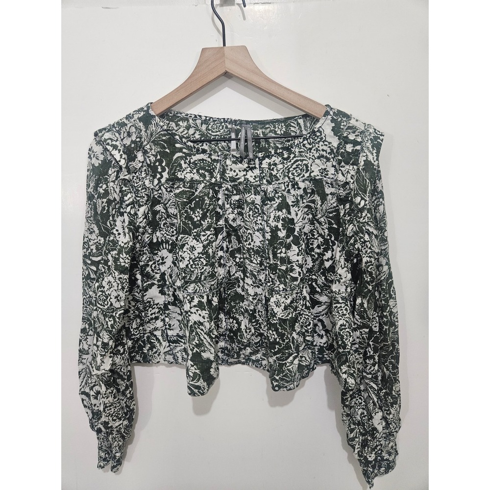 Anthropologie Floral Peplum Blouse S Green Puff Sleeve Cottagecore Cotton